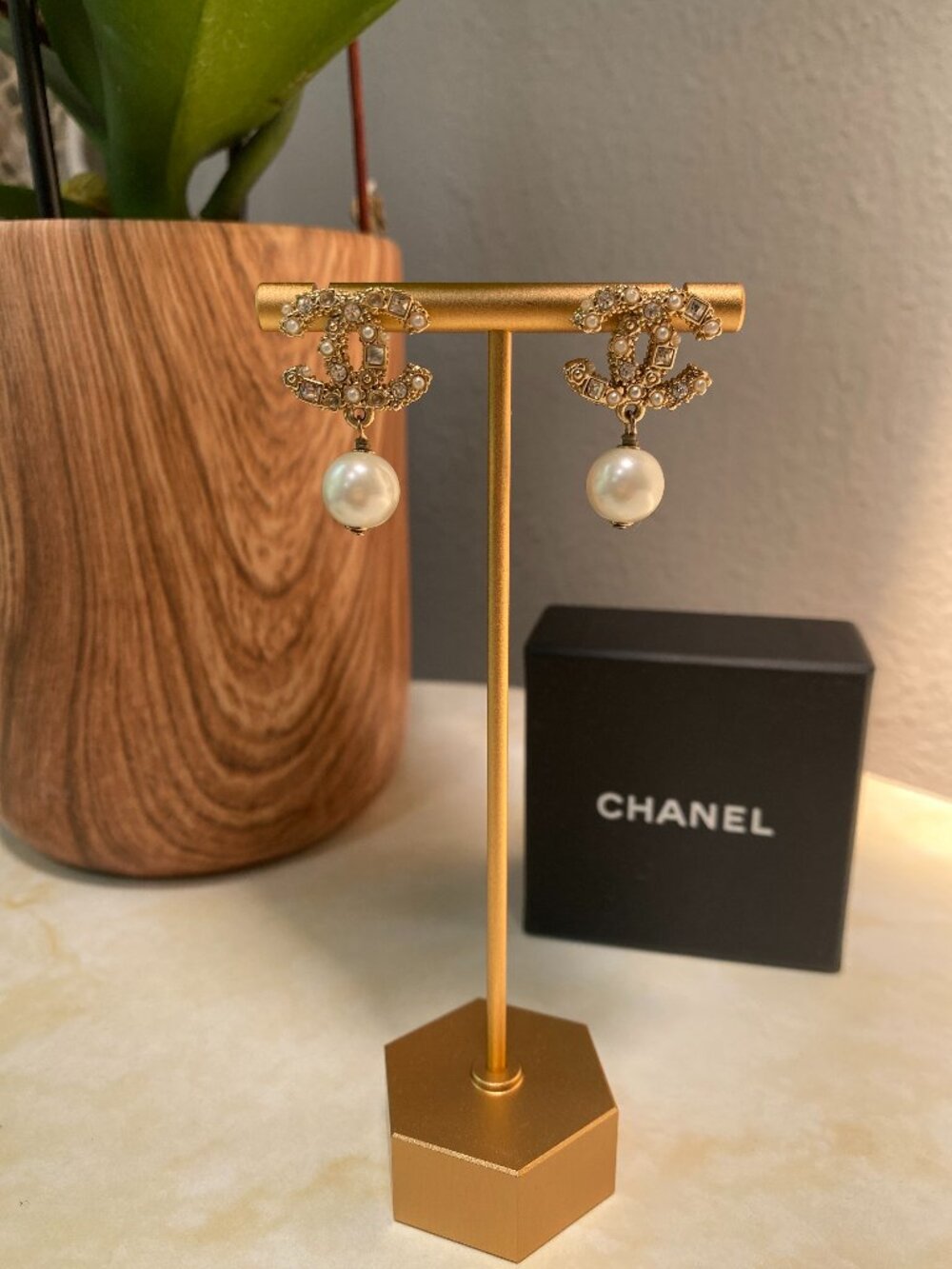 CHANEL Gold-Tone Pearl Drop CC Logo Earrings in White